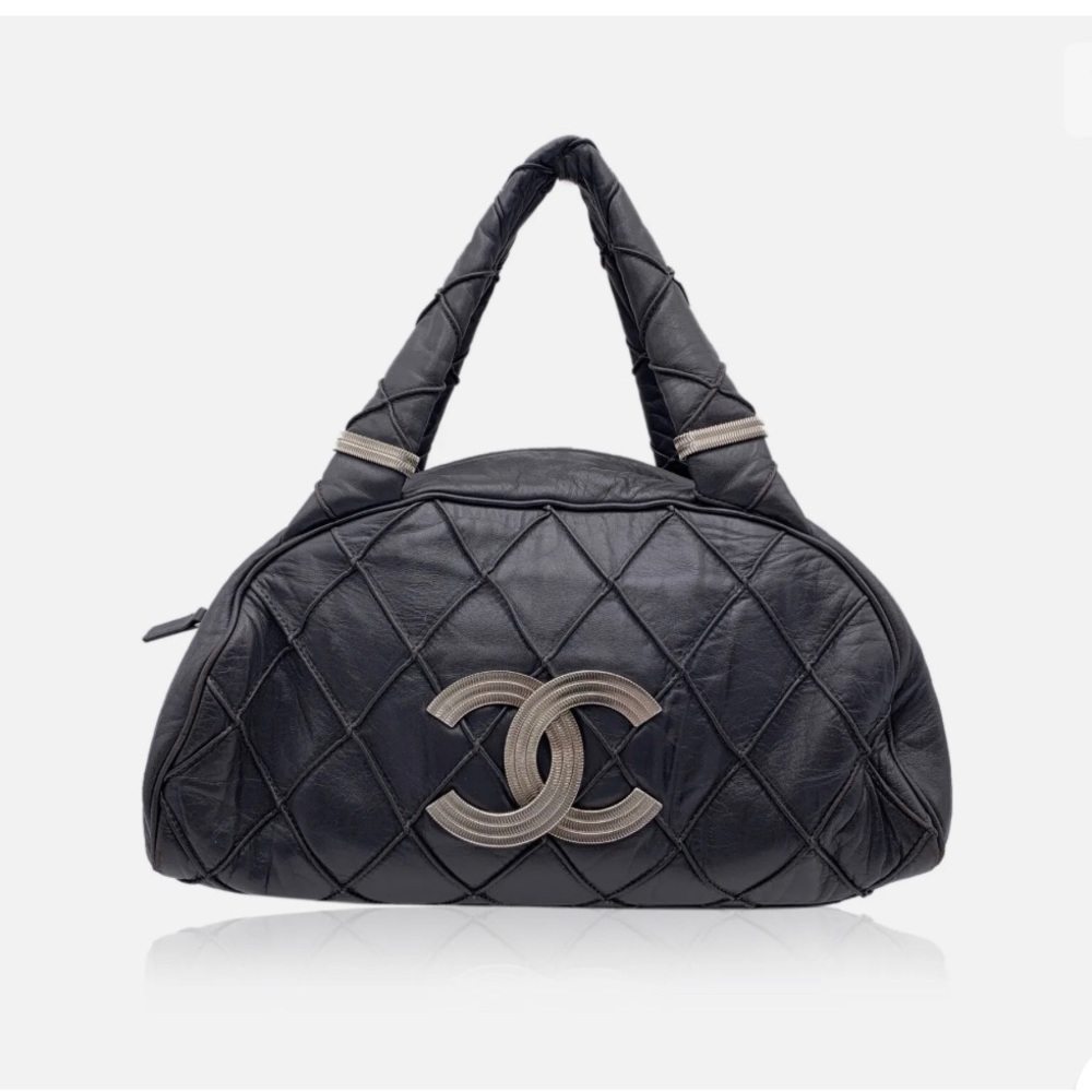 Chanel dark grey quilted leather CC logo bowling bowler bag